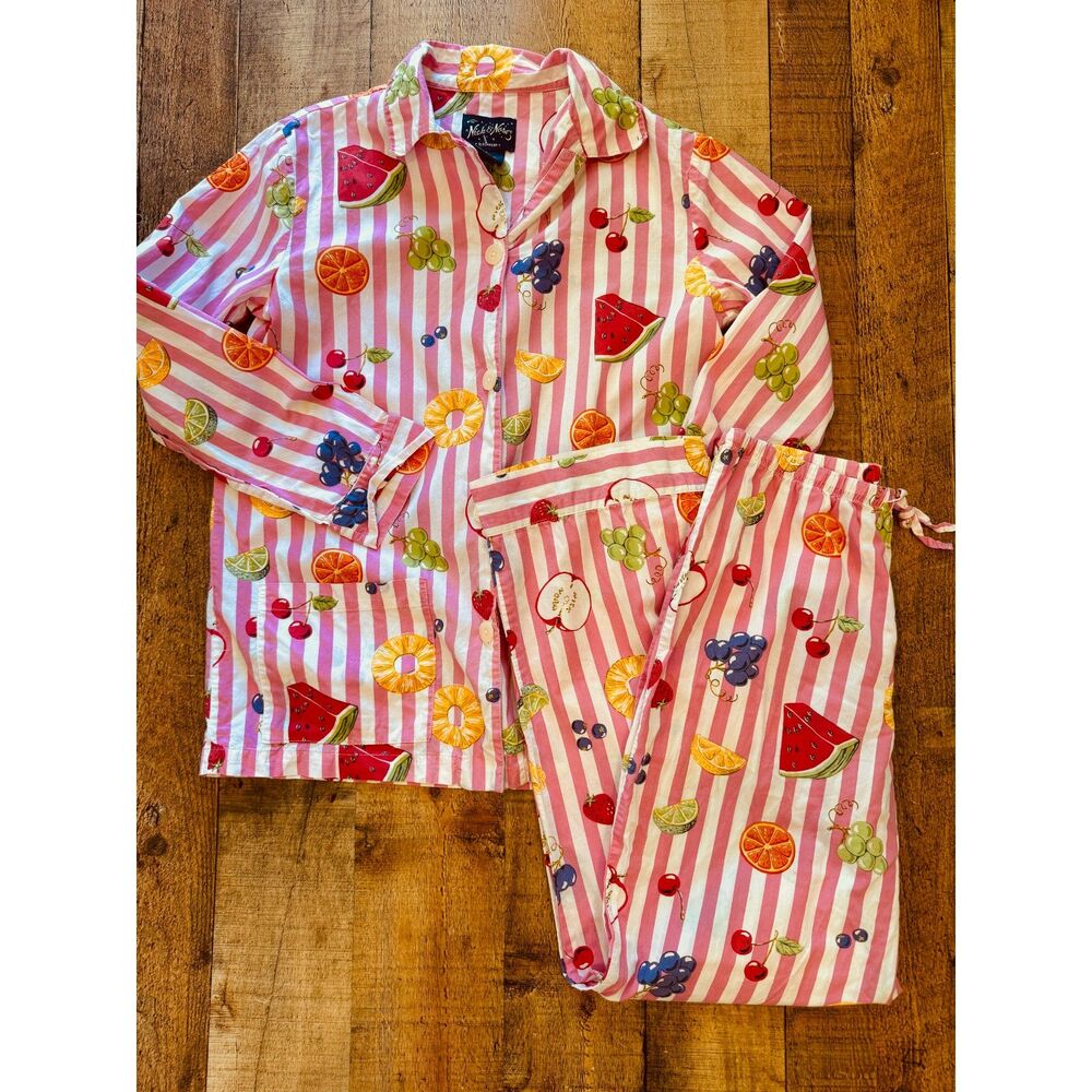 Nick & Nora Pajama Set S Pink Stripe Fruit Print 100% Cotton Y2K Sleepwear 2pc